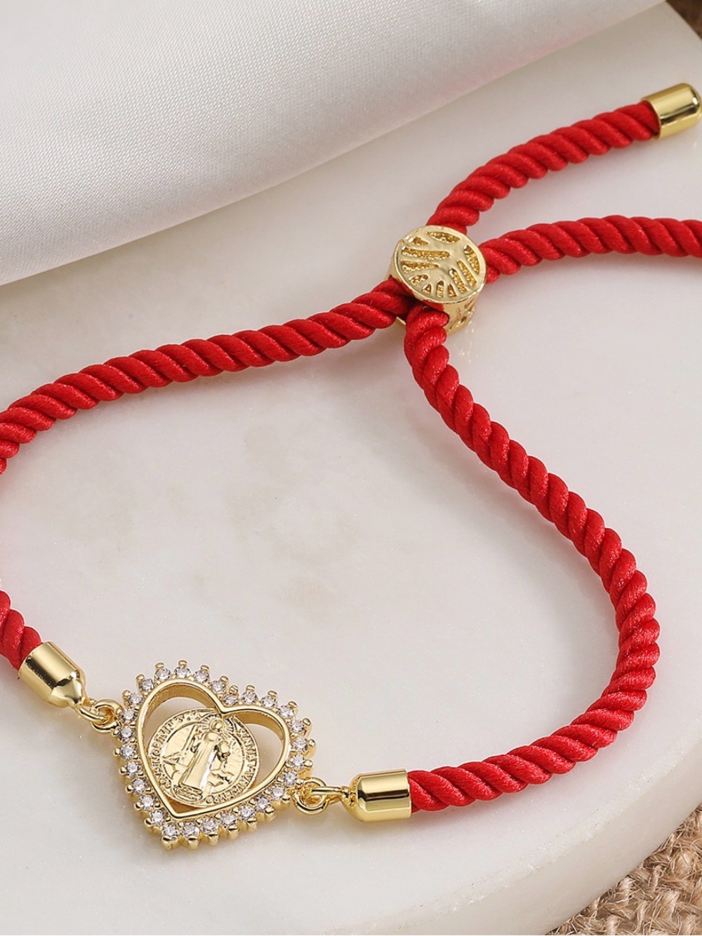Gold Heart Medal Red Rope Bracelet - Unbranded